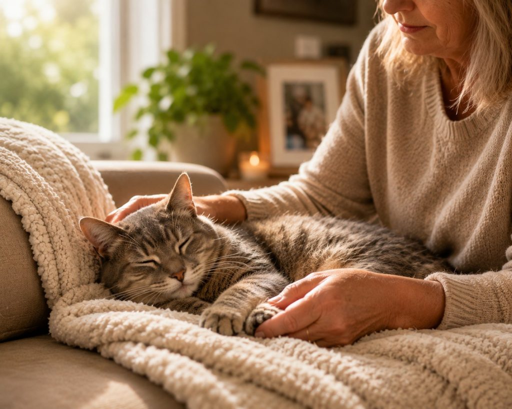 Woman gently comforting her cat at home during end-of-life pet care