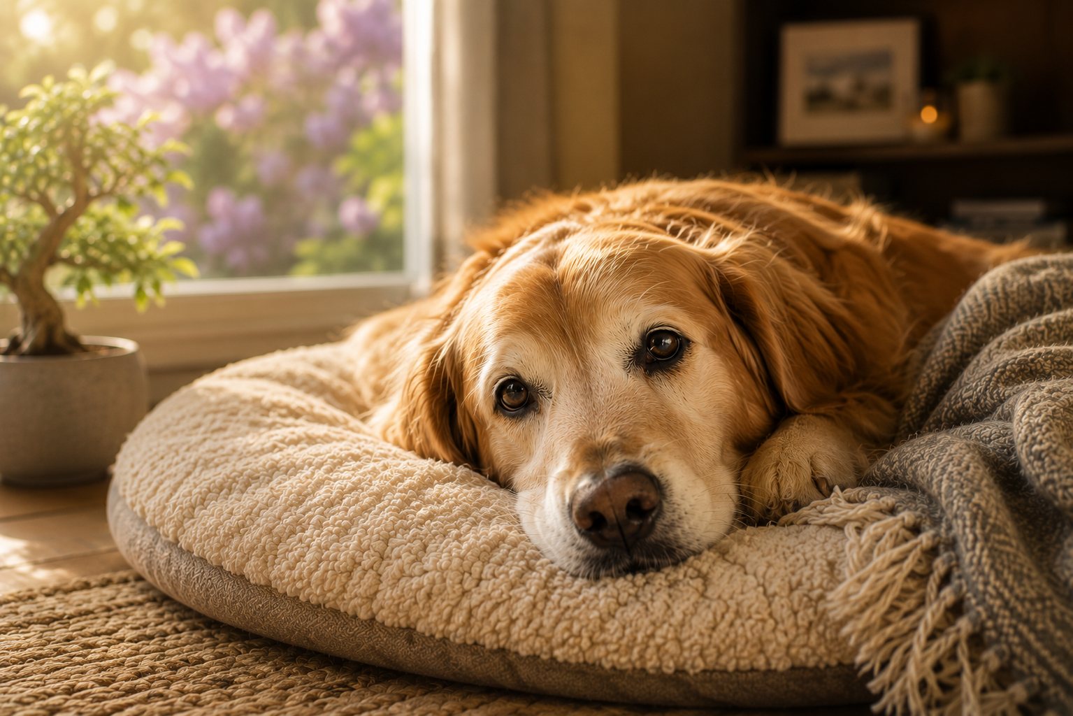 Senior golden retriever resting peacefully at home
